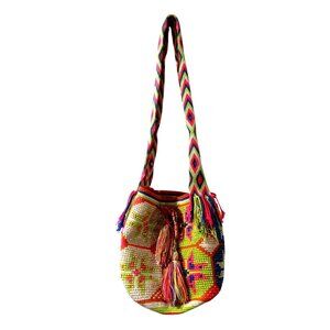 WAYUU Handmade Crochet Beaded Crossbody Bag Multicolor Tasseled Bohemian Hippie